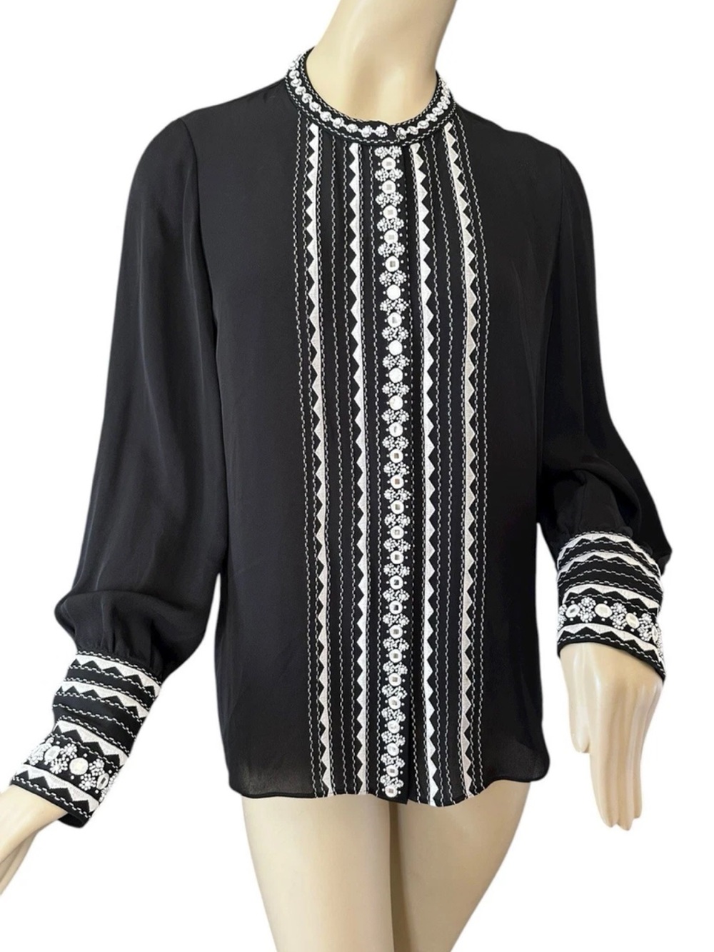 Kobi Halperin Silk intricate white embroidered detailing and beaded cuffs
